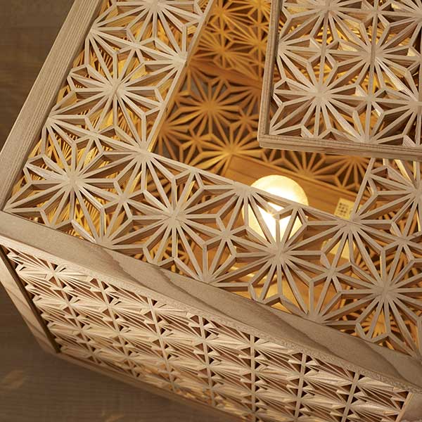 Kumiko Woodcraft Lantern, Largel, Cubic shape with hemp leaf patterns on all sides, Akita Sugi, H34×W29×D29cm